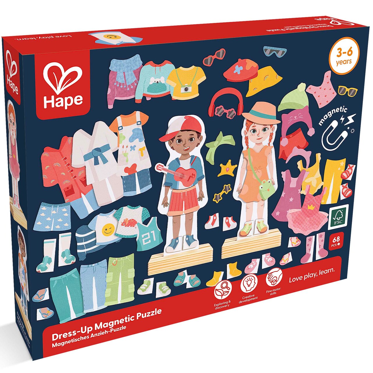 Hape: Dress-Up Magnetic Puzzle - 68pcs, 2 Wooden Standing Models To Dress With Magnetic Clothing Pieces, Mix & Match Designs, Fashion Toy, Kids Age 3+